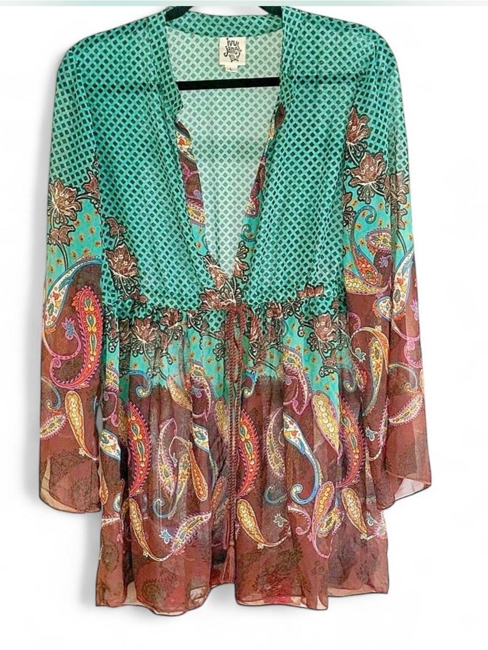 Ivy Jane Size L Sheer Teal Paisley Floral Tie Front Cardigan Boho Kimono Top